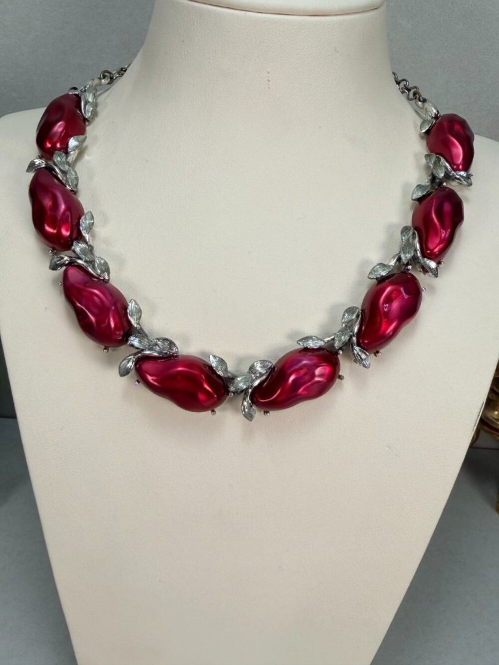 Vintage Lisner Red Lucite Berry Necklace Silver Tone Mid Century